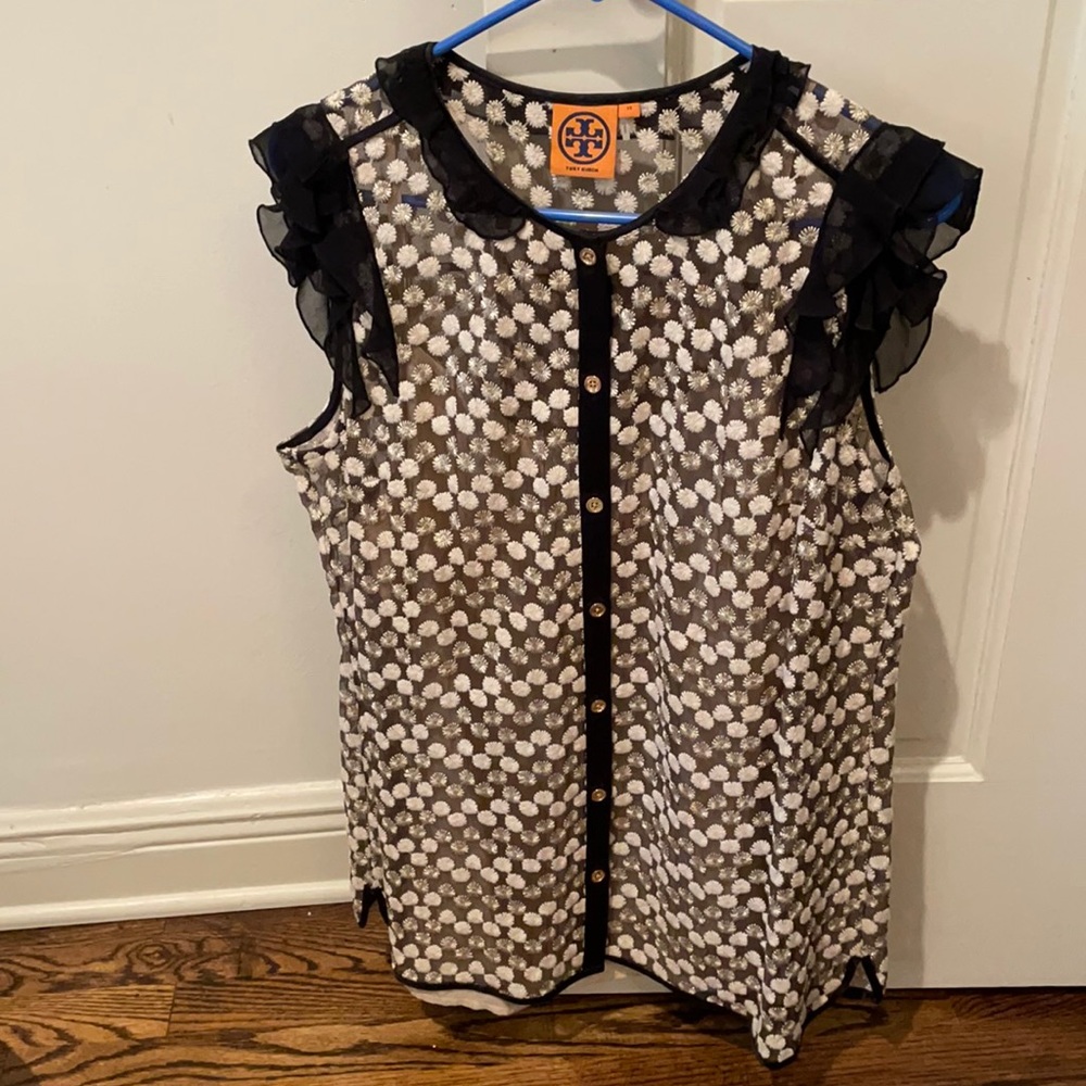 Tory Burch cocktail blouse - metallic gold / ivory embroidered top w black trim
